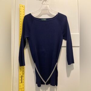 LAUREN by Ralph Lauren Boatneck 3/4 Sleeve Knit Top Sz. S 100% Cotton Navy Blue